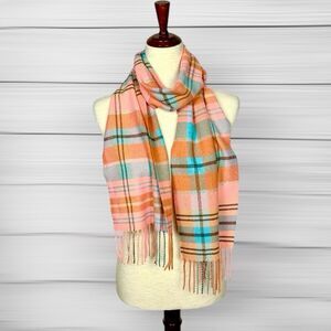 Peck & Peck Cashmere Long Scarf Plaid Pink Blue Tan with Fringe 10x72"